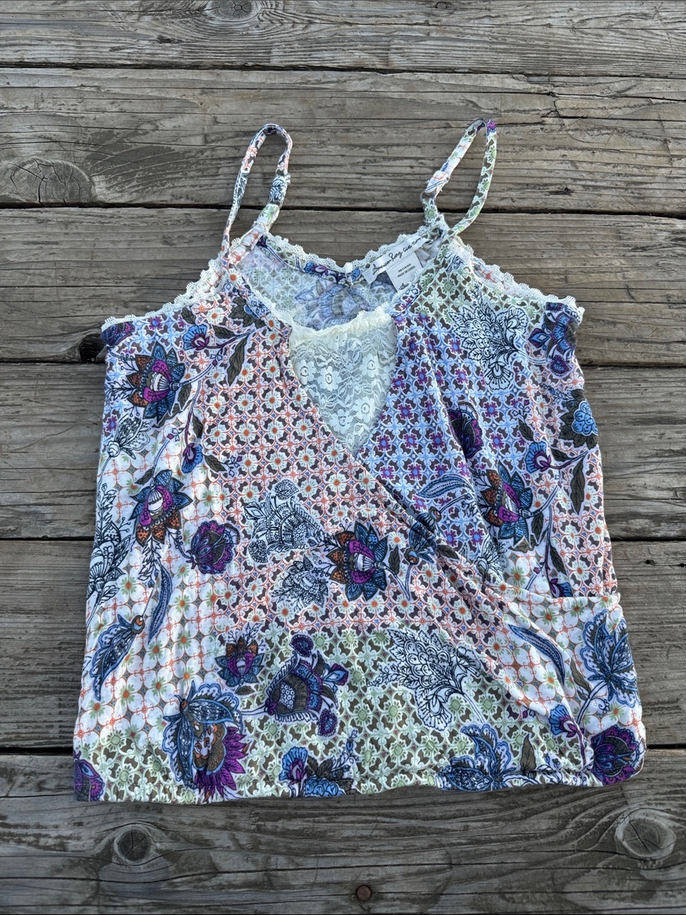 American Rag Multi Floral Patchwork Lace-Trim Wrap Style Camisole size Small